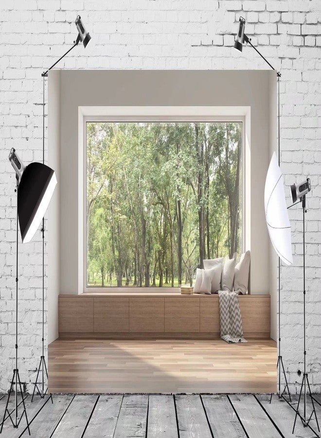 BELECO 7x5ft Fabric Modern Living Room Window Backdrop House Interior Green Forest Trees Scenery Nature Background Wallpaper Home Office Zoom Meeting Video Conference Backdrop Photo Studio Props - Image 2