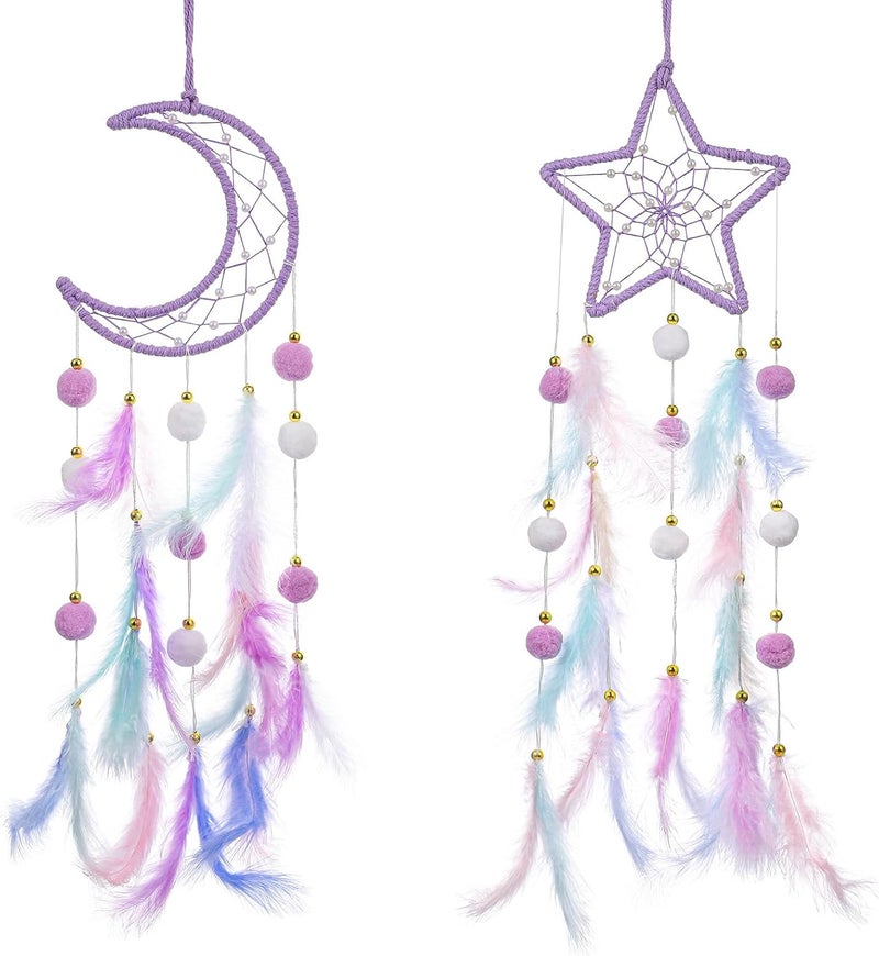 ElevateTech Purple Dream Catcher Wall Hanging Set, 2 Pcs Moon Star Pompom Feather Dreamcatcher Wall Decor Handmade Dream Catchers Boho Room Decor for Bedroom, Nursery Walls Art Birthday Gifts - Image 1