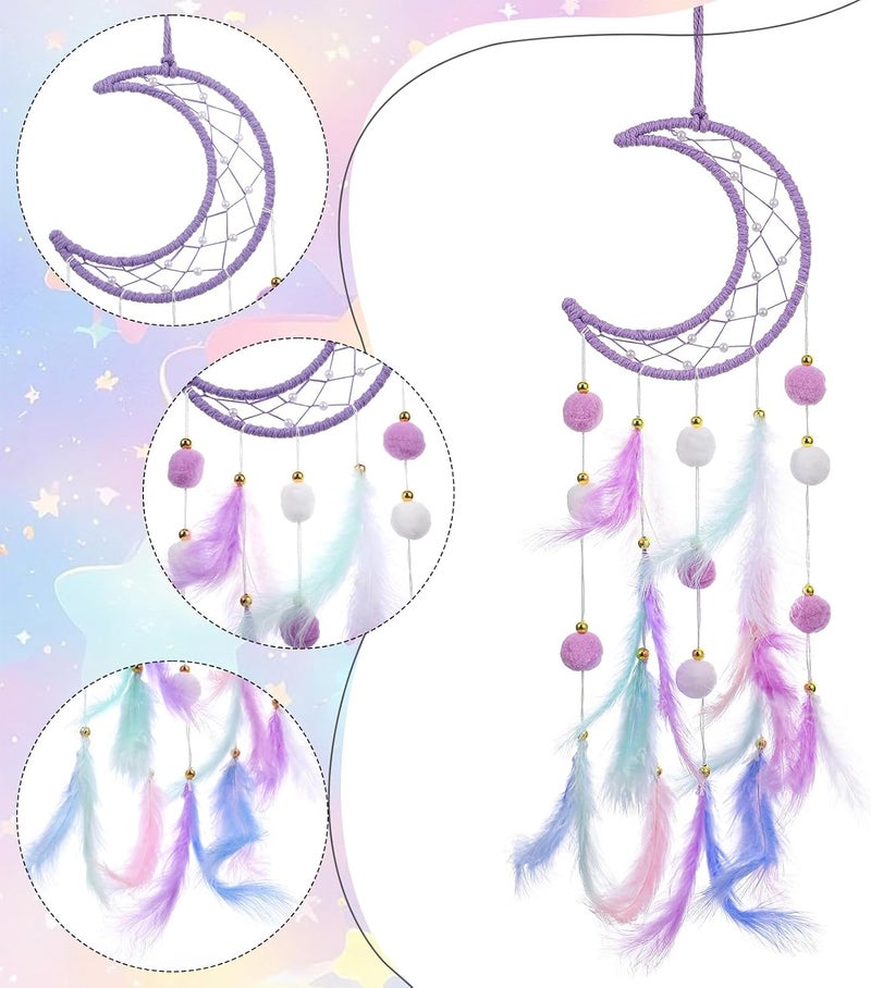 ElevateTech Purple Dream Catcher Wall Hanging Set, 2 Pcs Moon Star Pompom Feather Dreamcatcher Wall Decor Handmade Dream Catchers Boho Room Decor for Bedroom, Nursery Walls Art Birthday Gifts - Image 3