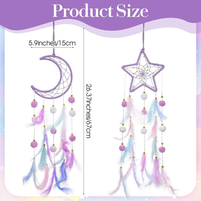 ElevateTech Purple Dream Catcher Wall Hanging Set, 2 Pcs Moon Star Pompom Feather Dreamcatcher Wall Decor Handmade Dream Catchers Boho Room Decor for Bedroom, Nursery Walls Art Birthday Gifts - Image 2