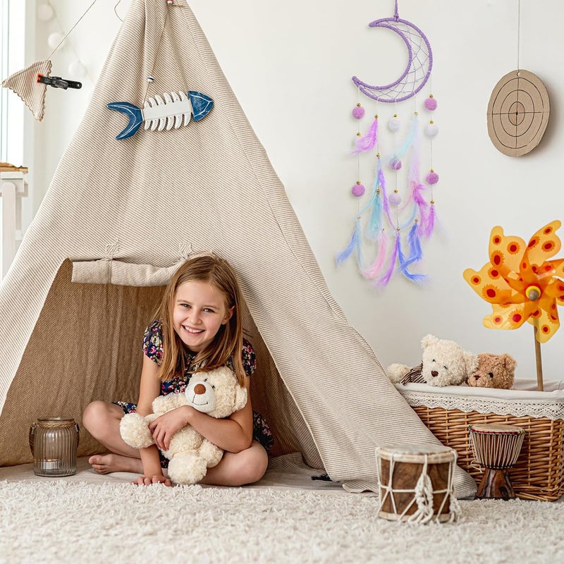 ElevateTech Purple Dream Catcher Wall Hanging Set, 2 Pcs Moon Star Pompom Feather Dreamcatcher Wall Decor Handmade Dream Catchers Boho Room Decor for Bedroom, Nursery Walls Art Birthday Gifts - Image 4