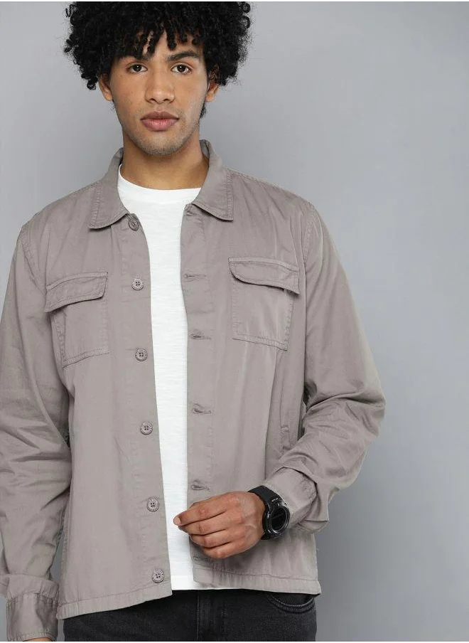 The Indian Garage Co Men Slim Fit Solid Full Sleeves Cutaway Collar Casual Over Shirt