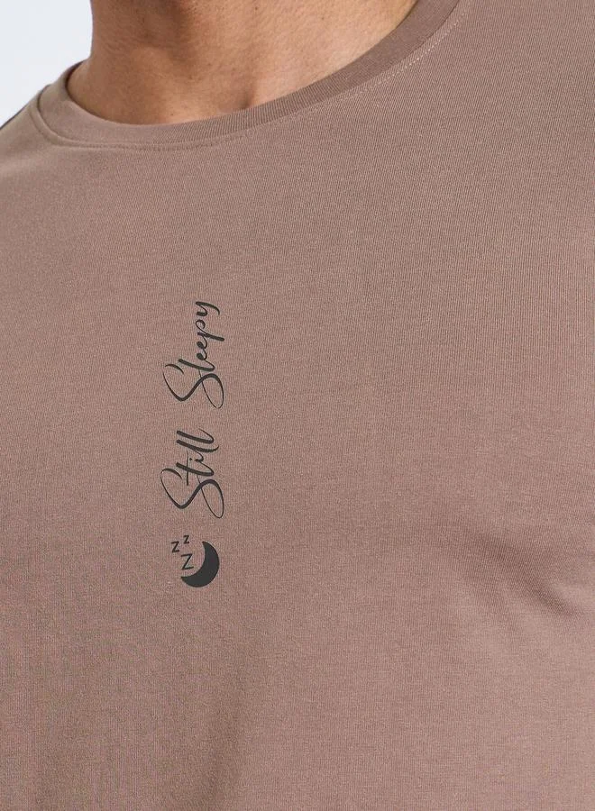 Styli  Brown Printed Relaxed Fit T-Shirt and Shorts Pyjama Set for Men | Best Price UAE