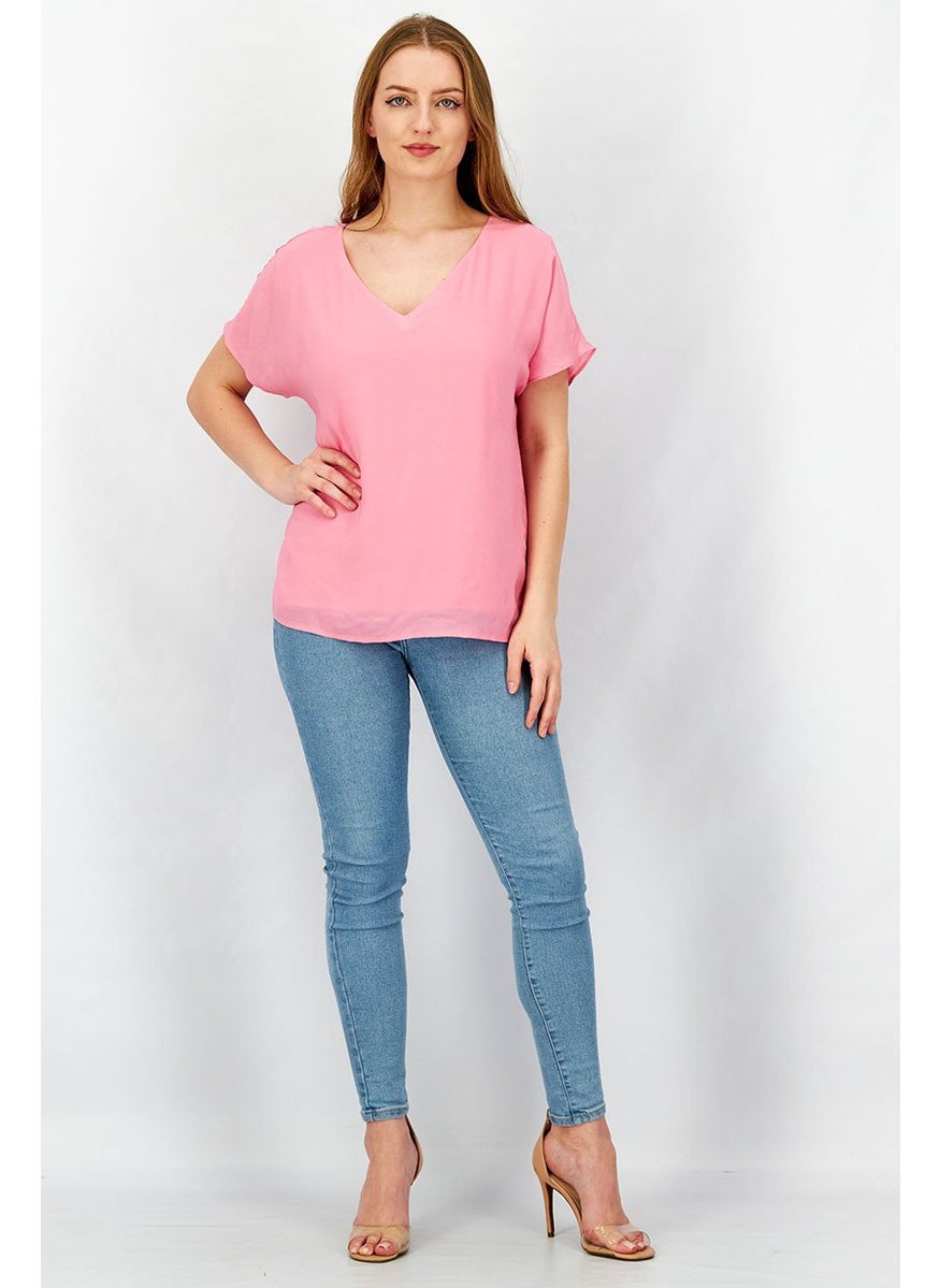 ESPRIT Women V-Neckline Cap Sleeve Plain Blouse, Pink  - Image 2