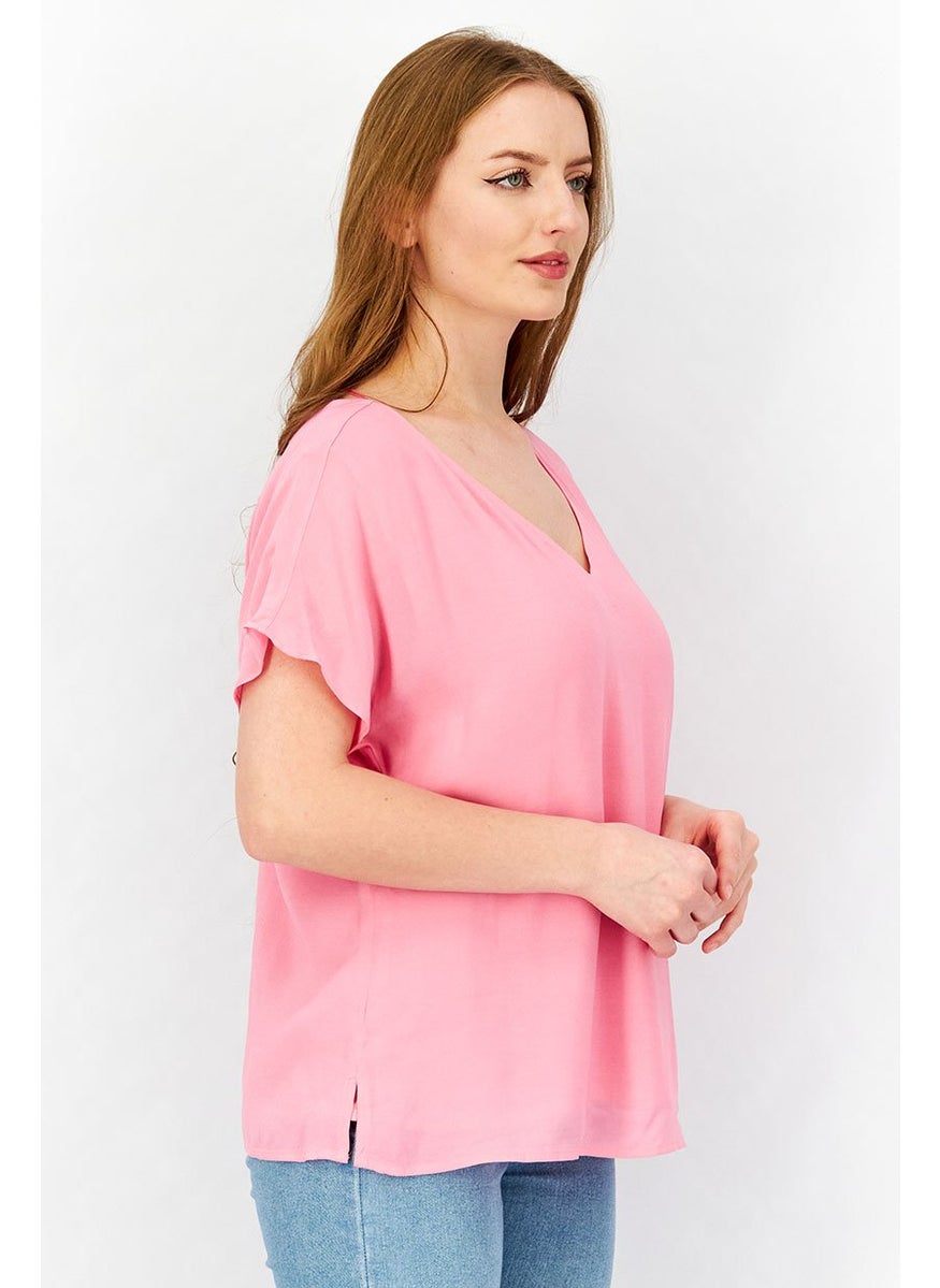 ESPRIT Women V-Neckline Cap Sleeve Plain Blouse, Pink  - Image 4
