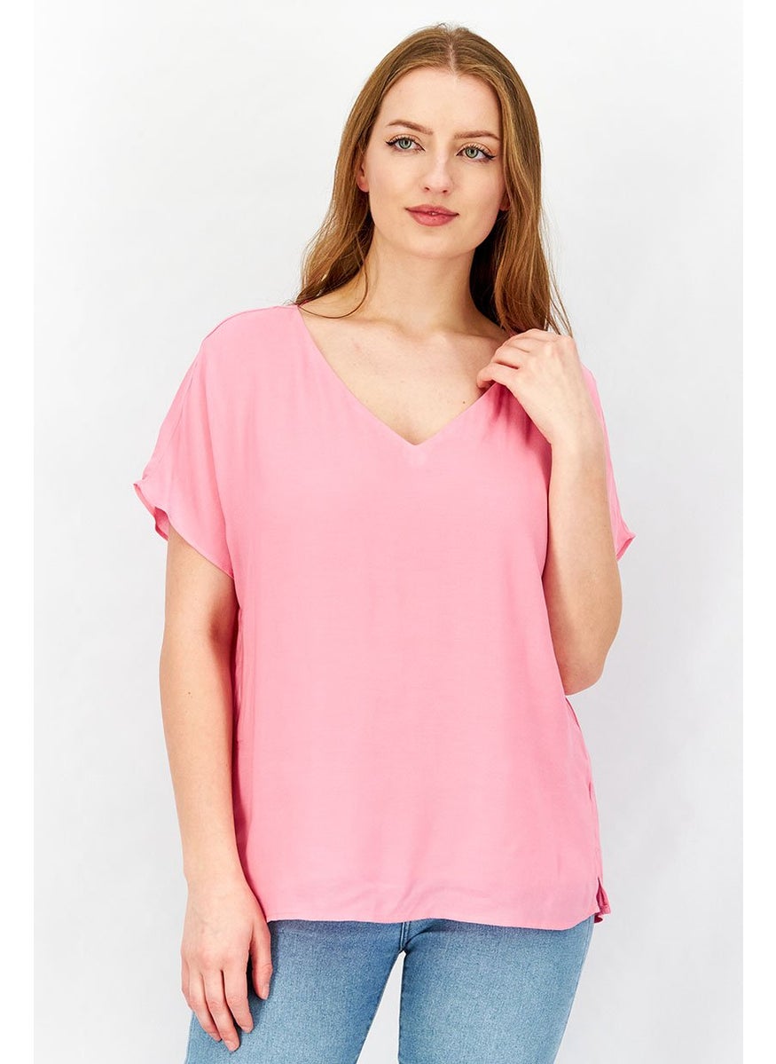 ESPRIT Women V-Neckline Cap Sleeve Plain Blouse, Pink  - Image 1