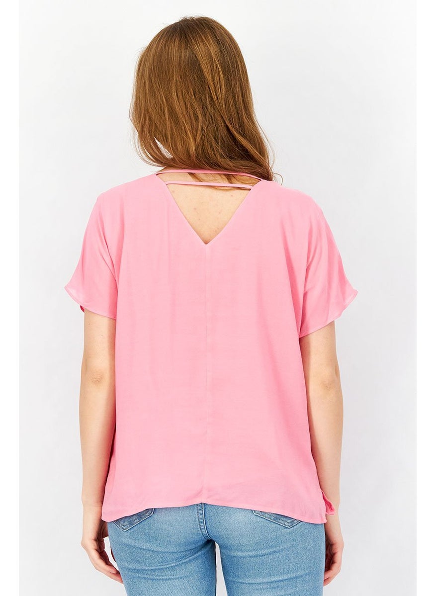 ESPRIT Women V-Neckline Cap Sleeve Plain Blouse, Pink  - Image 3