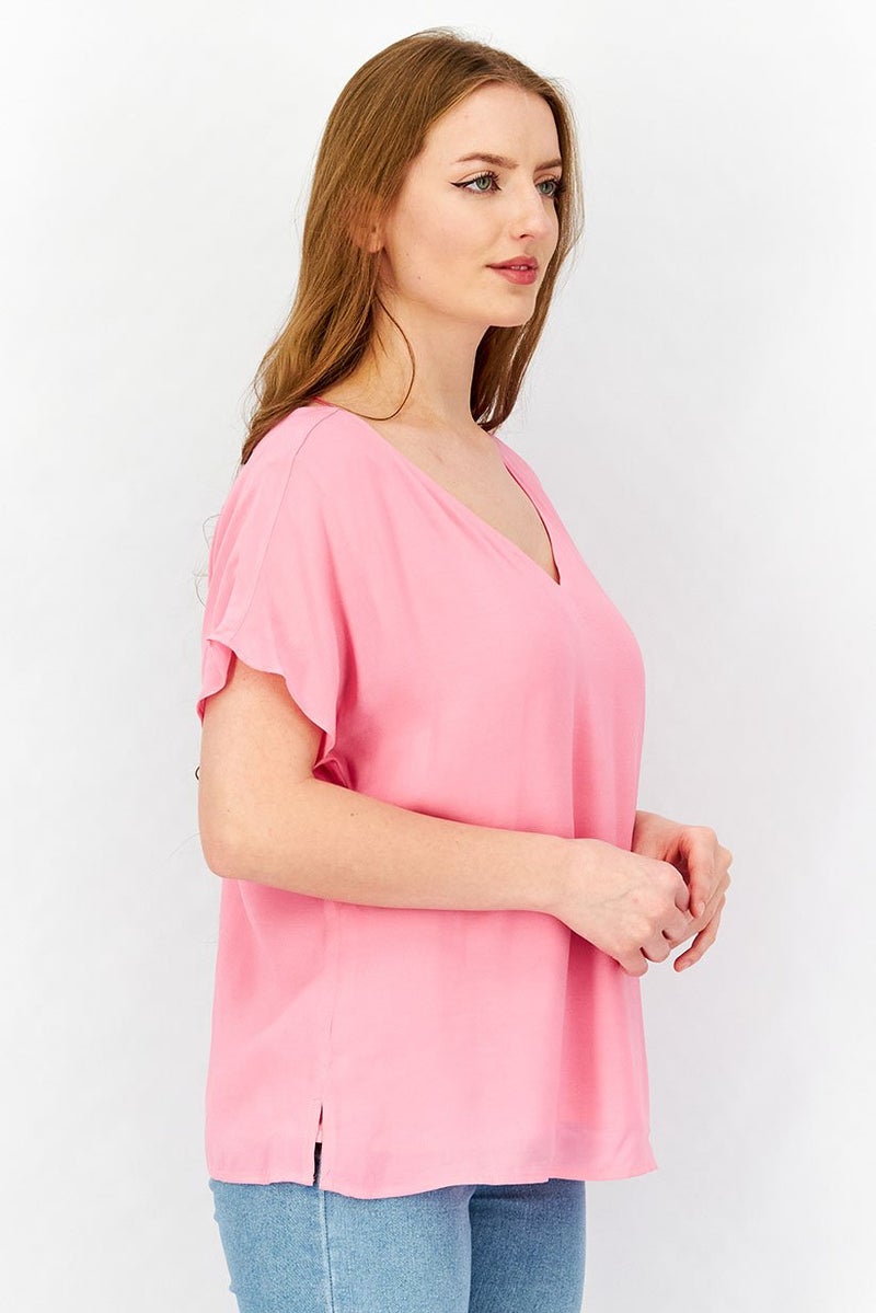 Women V-Neckline Cap Sleeve Plain Blouse, Pink
