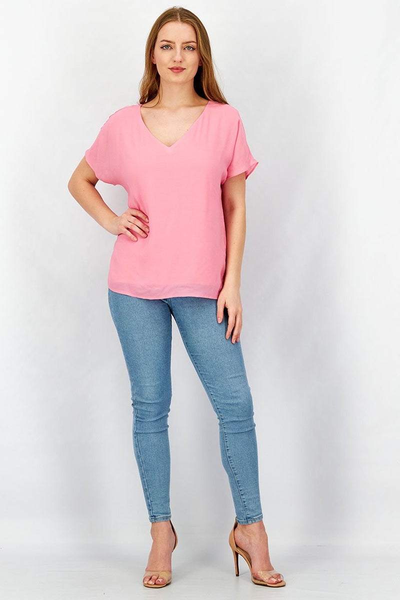 Women V-Neckline Cap Sleeve Plain Blouse, Pink