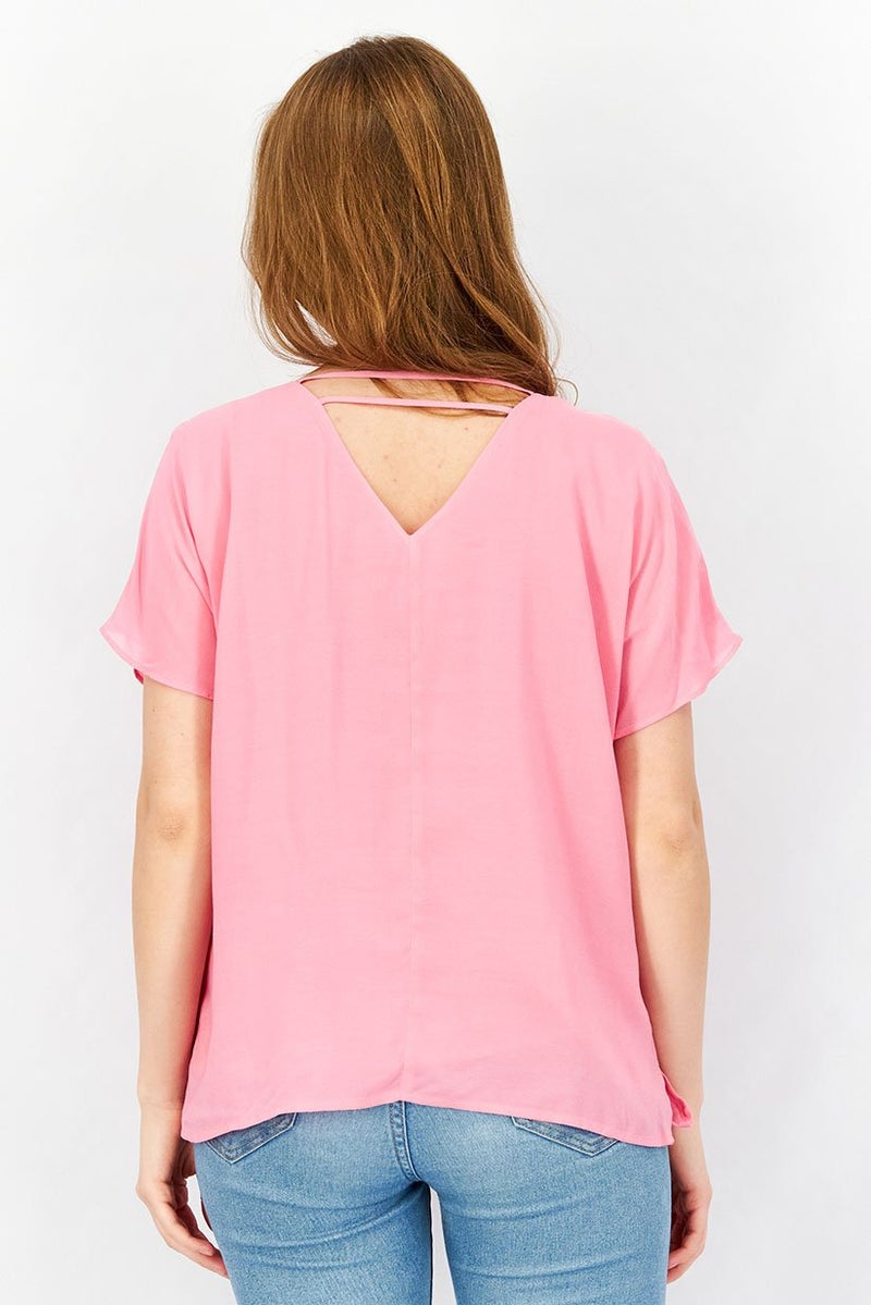 ESPRIT بلوزة نسائية بأكمام قصيرة على شكل حرف V، وردية - Image 3