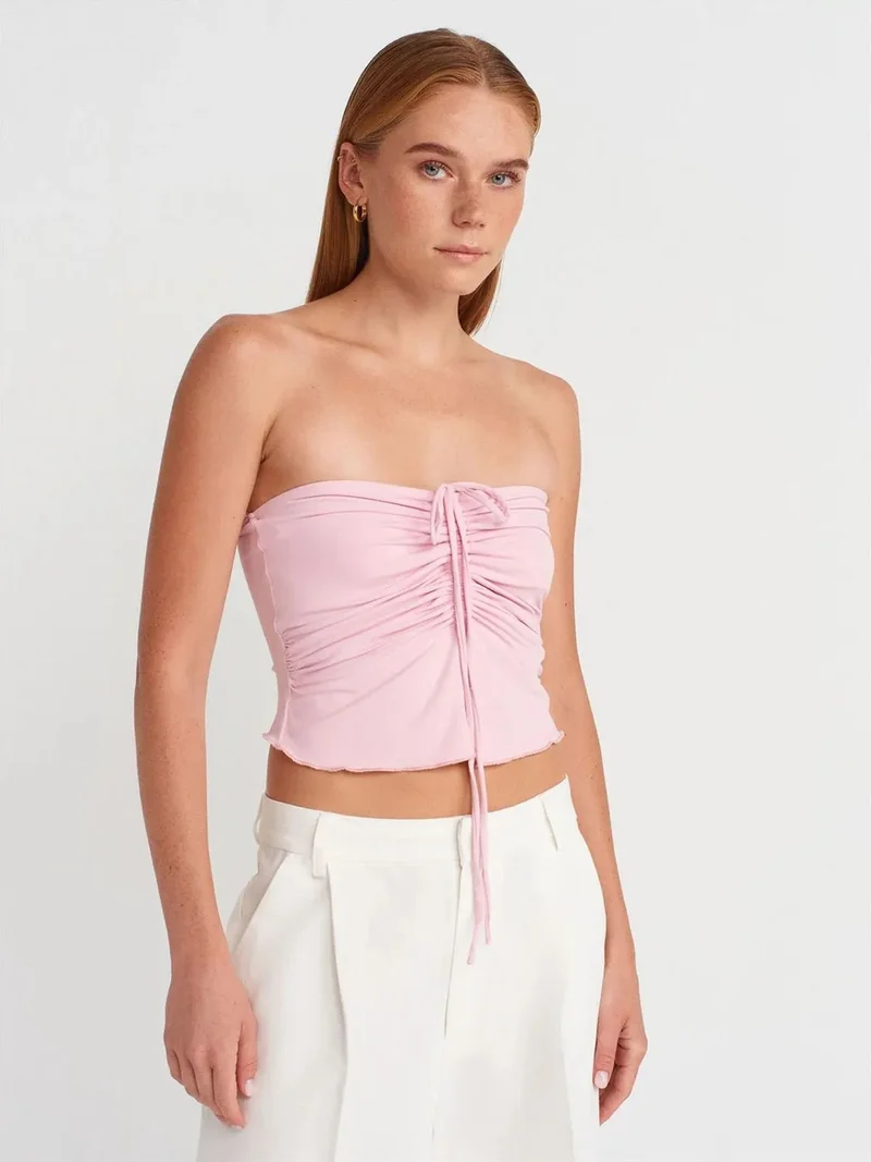 Dilvin DILVIN Women’s Strapless Crop Blouse With Tie Detail