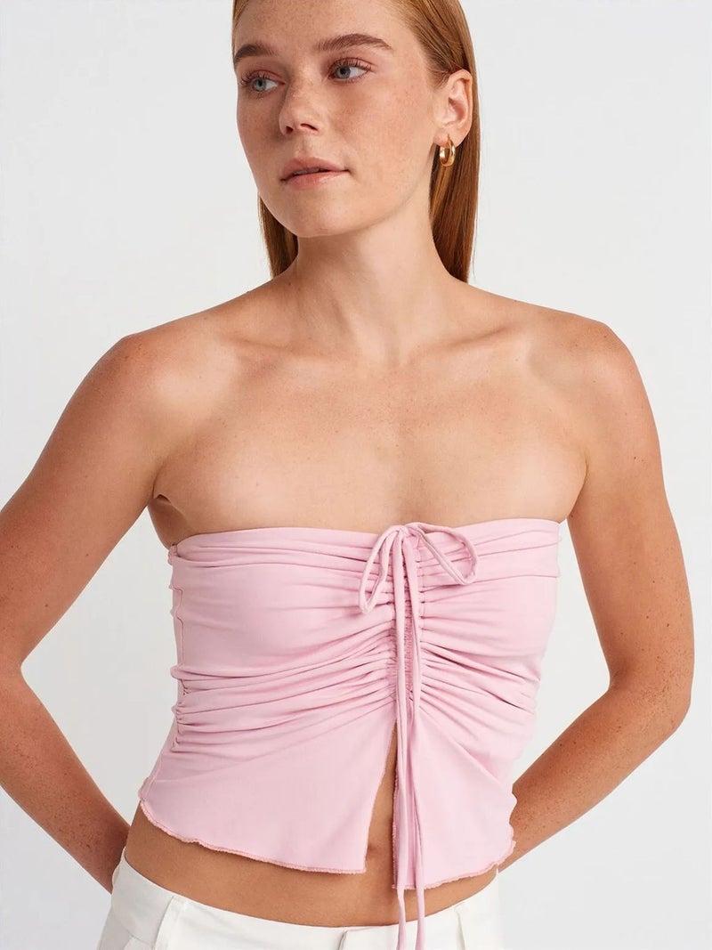DILVIN Women’s Strapless Crop Blouse With Tie Detail - Image 3