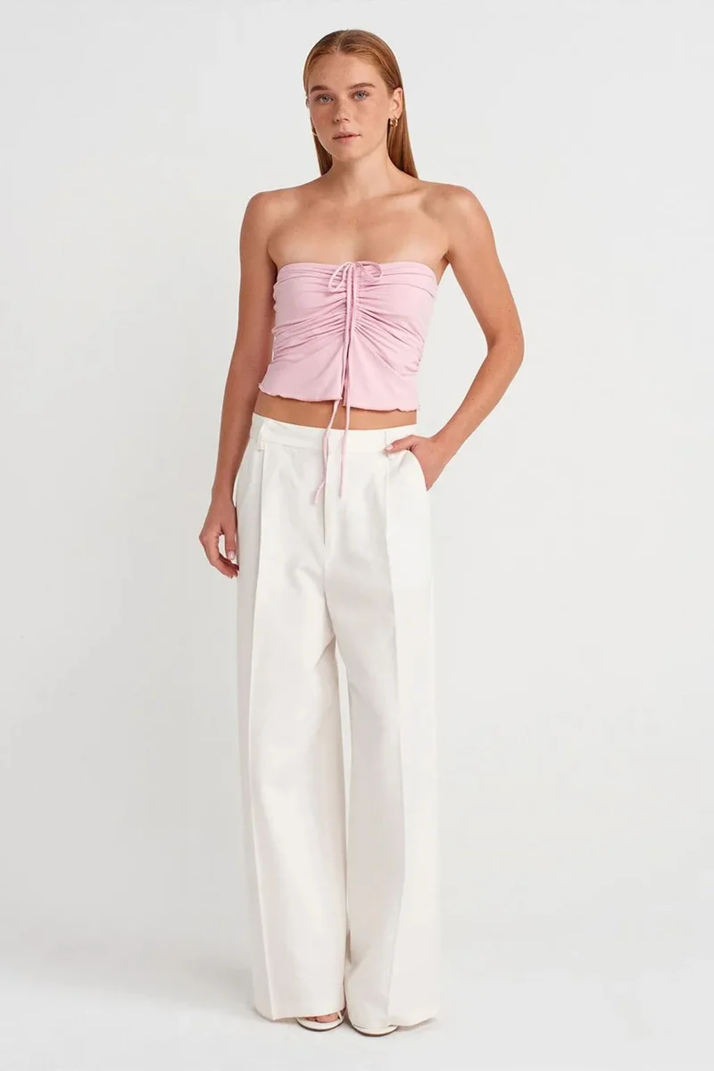 Dilvin Powder Pink DILVIN Women’s Strapless Crop Blouse With Tie Detail for Women | Best Price UAE