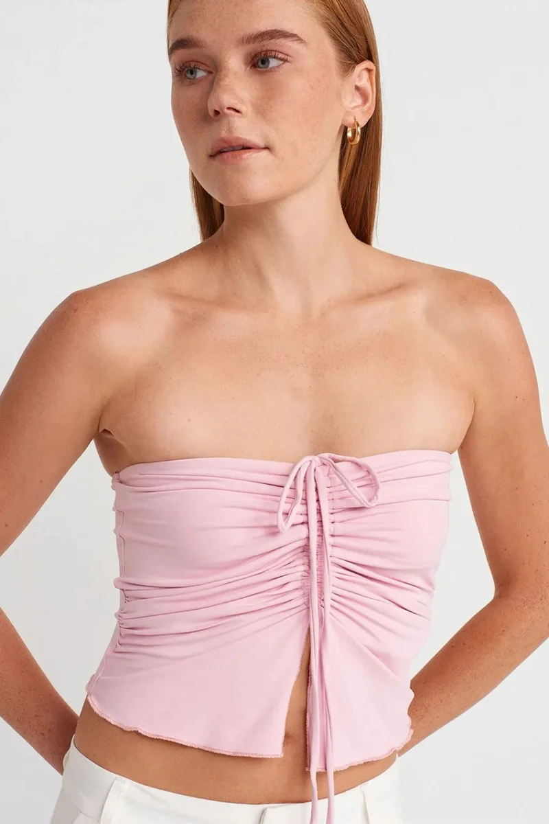Dilvin Powder Pink DILVIN Women’s Strapless Crop Blouse With Tie Detail for Women | Best Price UAE