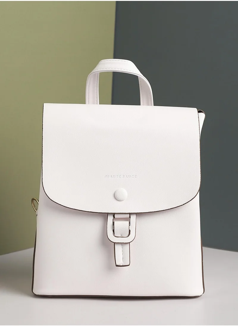صوص هاوت Haute Sauce Women's The Buckle Flap Backpack For Casual Wear | Chalk White Colour | One-Size | Magnetic Closure | Solid Pattern | Vegan Leather Material | Backpack For Woman & Girls