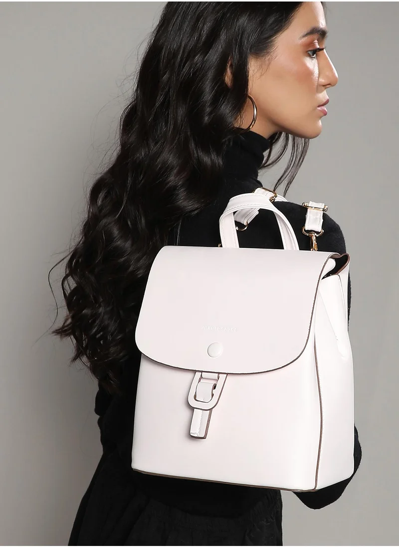 صوص هاوت Haute Sauce Women's The Buckle Flap Backpack For Casual Wear | Chalk White Colour | One-Size | Magnetic Closure | Solid Pattern | Vegan Leather Material | Backpack For Woman & Girls
