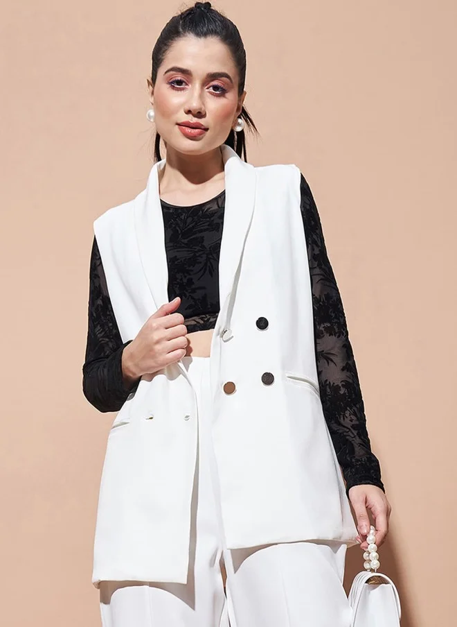 SASSAFRAS Comfort-Fit White Longline Blazer for Women