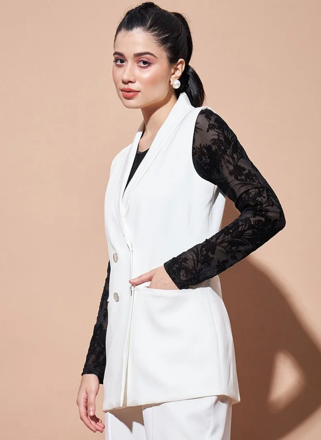 SASSAFRAS Comfort-Fit White Longline Blazer for Women