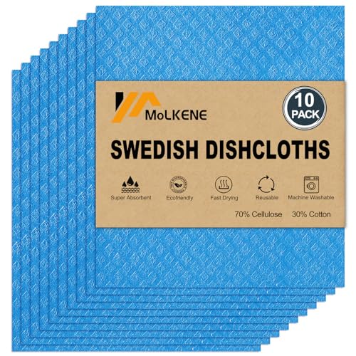MoLKENE Swedish Dishcloths - 10 Pack Reusable Kitchen Dishcloths - Ultra Absorbent Dish Towels for Washing Dishes - Cellulose Sponge Cloth Cleaning Cloths - Blue - Image 1