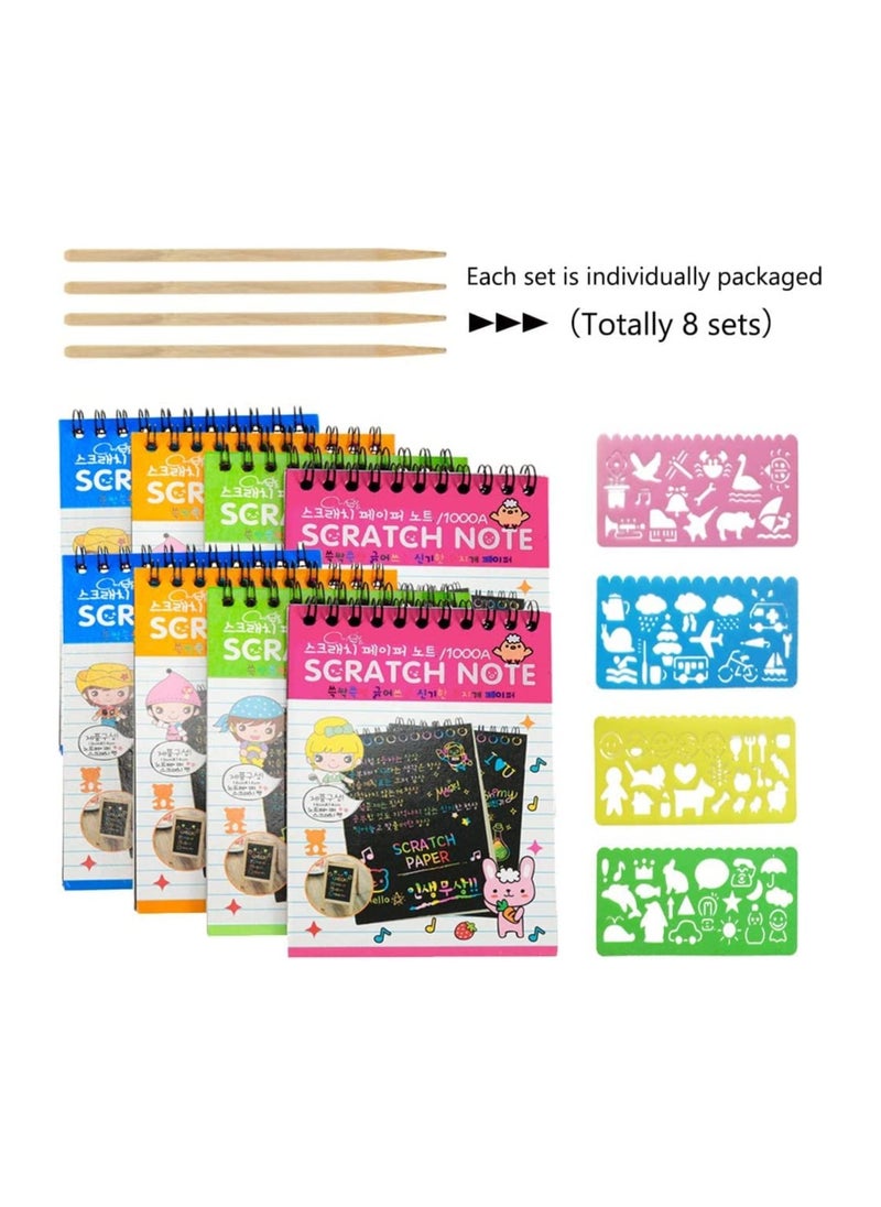 KASTWAVE - 8 Pack Scratch Notebooks, Scratch Note Combo Art Set, Magic Scratch Painting & Sketch Art Notes Drawing Notepads for Kids - Includes Drawing Stencil and Wooden Stylu with Each Note - Image 1