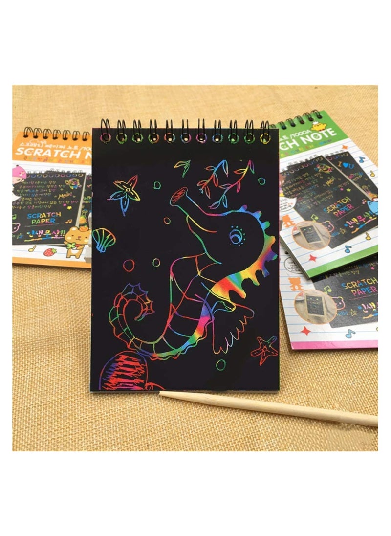 KASTWAVE - 8 Pack Scratch Notebooks, Scratch Note Combo Art Set, Magic Scratch Painting & Sketch Art Notes Drawing Notepads for Kids - Includes Drawing Stencil and Wooden Stylu with Each Note - Image 1
