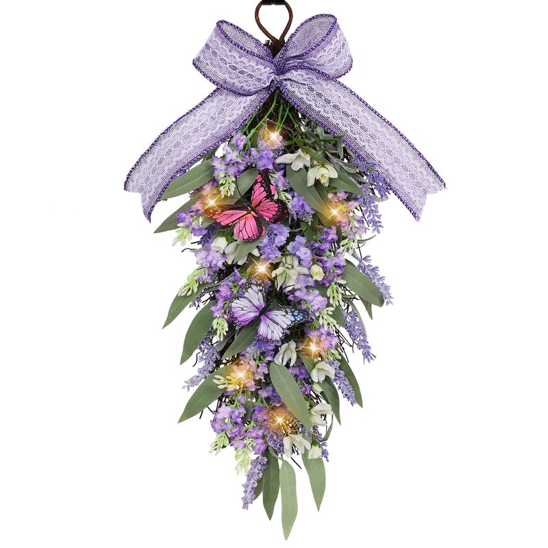 Jusdreen LED Teardrop Lavender Wreath with Butterflies  Faux Floral Swag Decor for DoorsWindowsWalls Farmhouse Wedding Party Home Decor