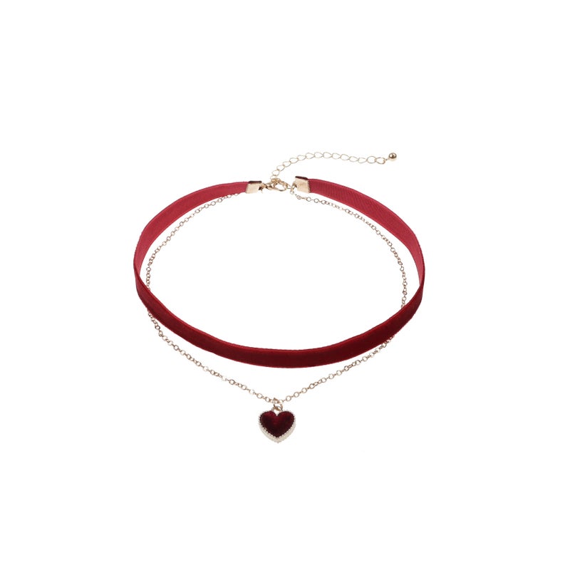 Burgundy Velvet Heart Choker Necklace Red 