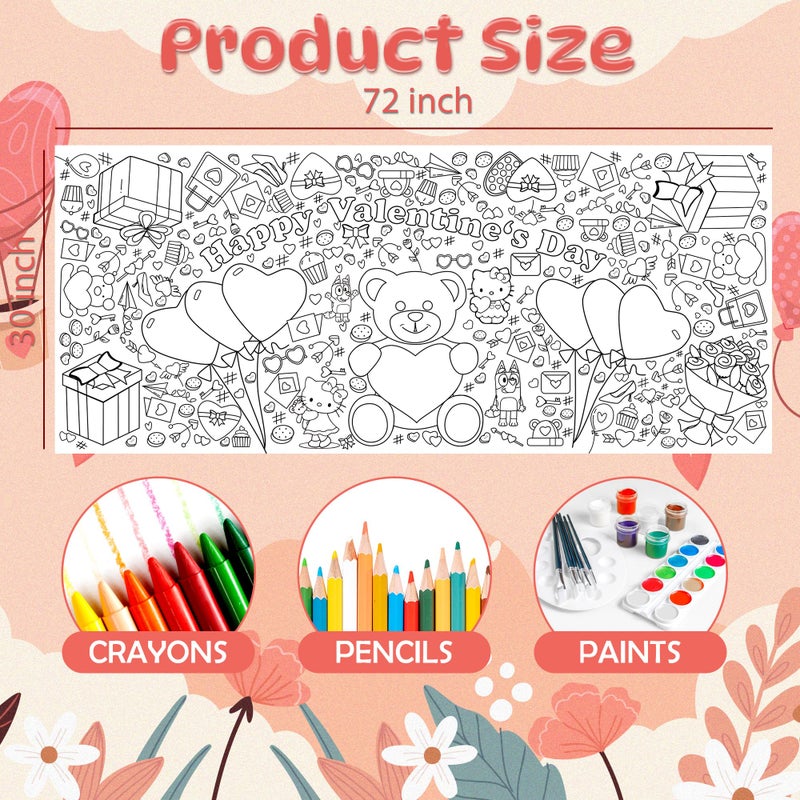 WPROICHD Valentines Day Giant Coloring Poster/Tablecloth - Valentines Crafts for Kids - 30 x 72 Inches Jumbo Coloring Banner Kids Games Gifts Activities Decor Party Favors - Image 2