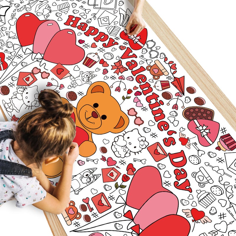 WPROICHD Valentines Day Giant Coloring Poster/Tablecloth - Valentines Crafts for Kids - 30 x 72 Inches Jumbo Coloring Banner Kids Games Gifts Activities Decor Party Favors - Image 1