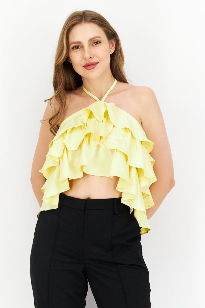 LOST INK Women Halterneck Crop Top, Yellow - Image 1
