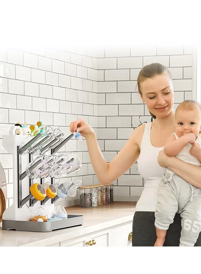 Baby Bottle Drying Rack with 12 Hooks, Baby Bottle Rack Dryer +5-Piece Baby Bottle Brush Set, Baby Bottle Cleaning Set, Baby Bottle Organizer for Bottles, Brushes,Pacifiers - Image 2