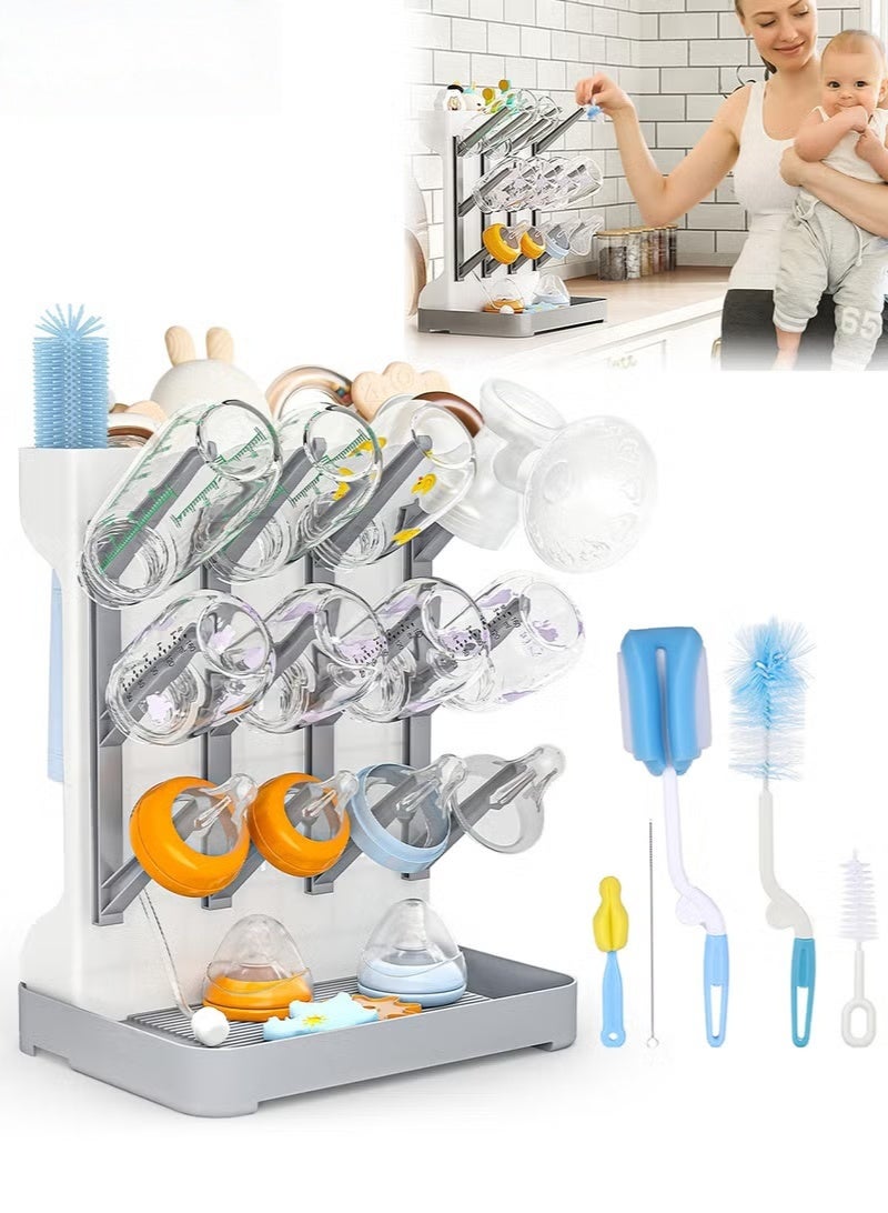 Baby Bottle Drying Rack with 12 Hooks, Baby Bottle Rack Dryer +5-Piece Baby Bottle Brush Set, Baby Bottle Cleaning Set, Baby Bottle Organizer for Bottles, Brushes,Pacifiers - Image 1
