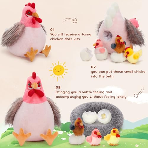 BENINY 8Pcs Chicken Stuffed Animal Stuffed Pink Hen with Little Baby Chicks and Coop Plush Toys for Kids Hit of Christmas Farm Party - Image 5