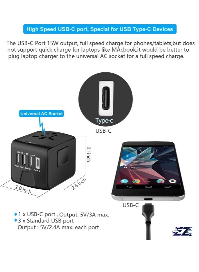 ELTRAZONE Universal International Travel Power Adapter – High-Speed 2.4A USB & 3.0A Type-C Charger, Worldwide AC Outlet Plugs for Europe, UK, US, AU, Asia (Black)  - Image 2