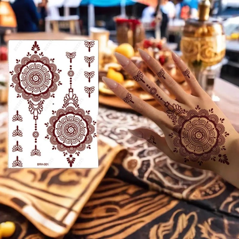 KESRINPLUS KESRIN Mehndi Stickers for Women Girls Waterproof Henna Tattoo Stickers Mandala Lotus Flower Design Hand Arm Band Tattoos BROWN 1 PAIR - Image 2