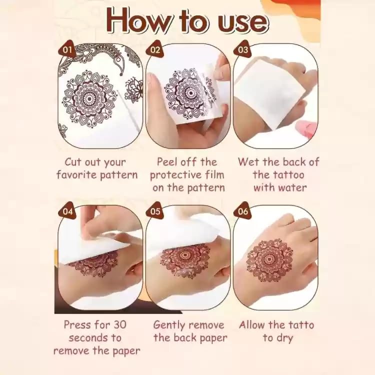 KESRINPLUS KESRIN Mehndi Stickers for Women Girls Waterproof Henna Tattoo Stickers Mandala Lotus Flower Design Hand Arm Band Tattoos BROWN 1 PAIR - Image 3