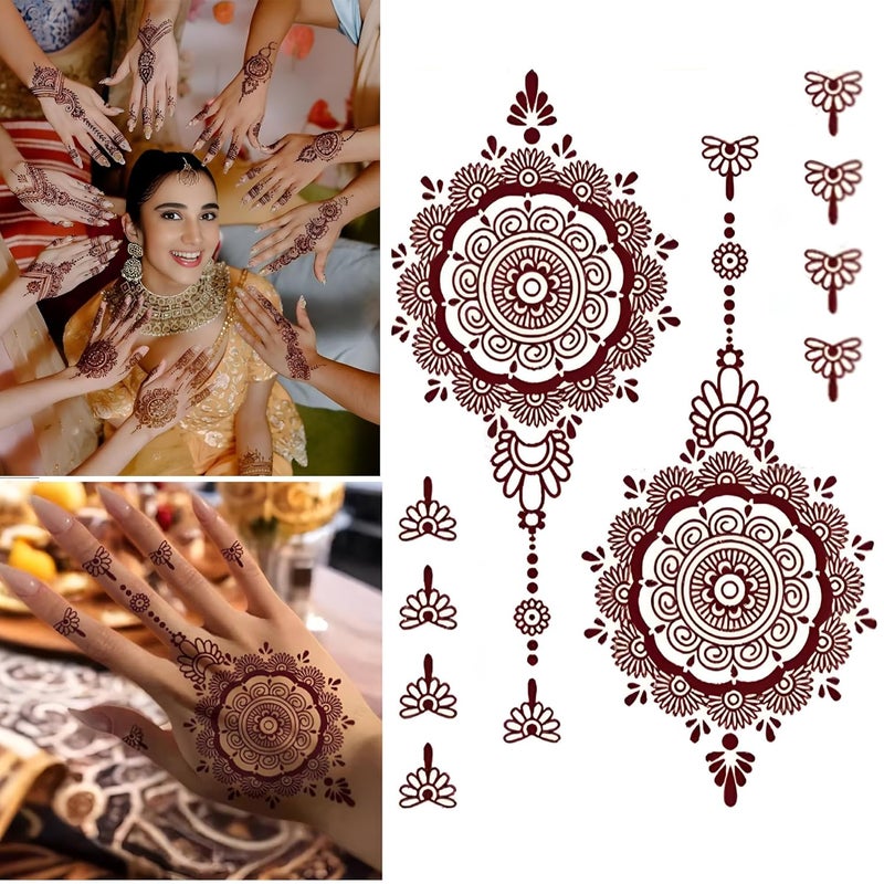 KESRINPLUS KESRIN Mehndi Stickers for Women Girls Waterproof Henna Tattoo Stickers Mandala Lotus Flower Design Hand Arm Band Tattoos BROWN 1 PAIR - Image 1