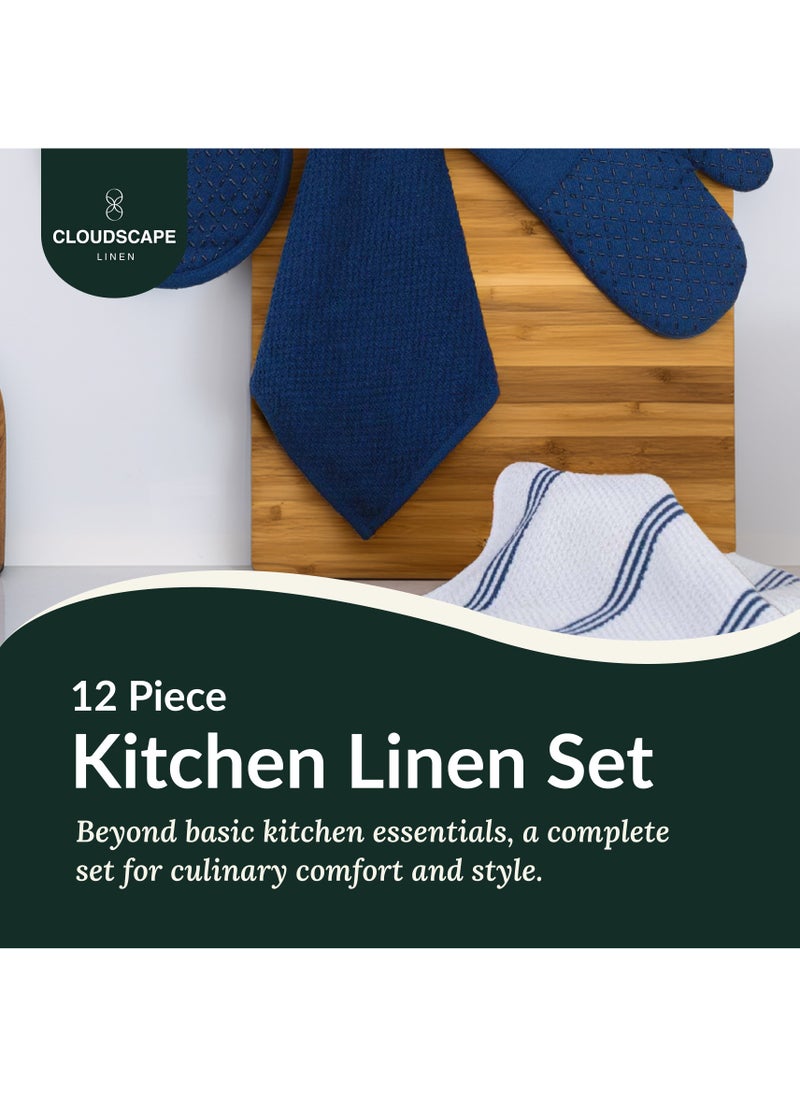Cloud Scape Linen 12-Piece Kitchen Essentials Set – Includes Absorbent Dishcloths & Kitchen Towels, Non-Slip Silicone Grip, Indigo  - Image 2