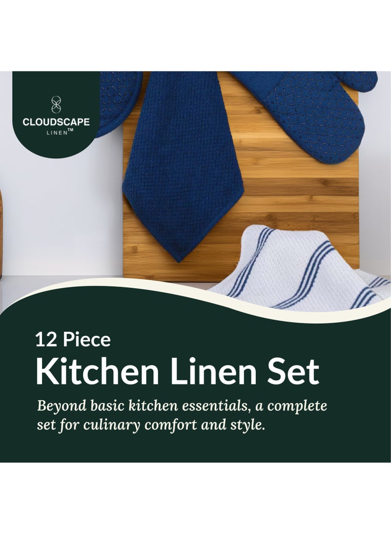 Cloud Scape Linen 12-Piece Kitchen Essentials Set – Includes Absorbent Dishcloths & Kitchen Towels, Non-Slip Silicone Grip, Indigo - Image 2