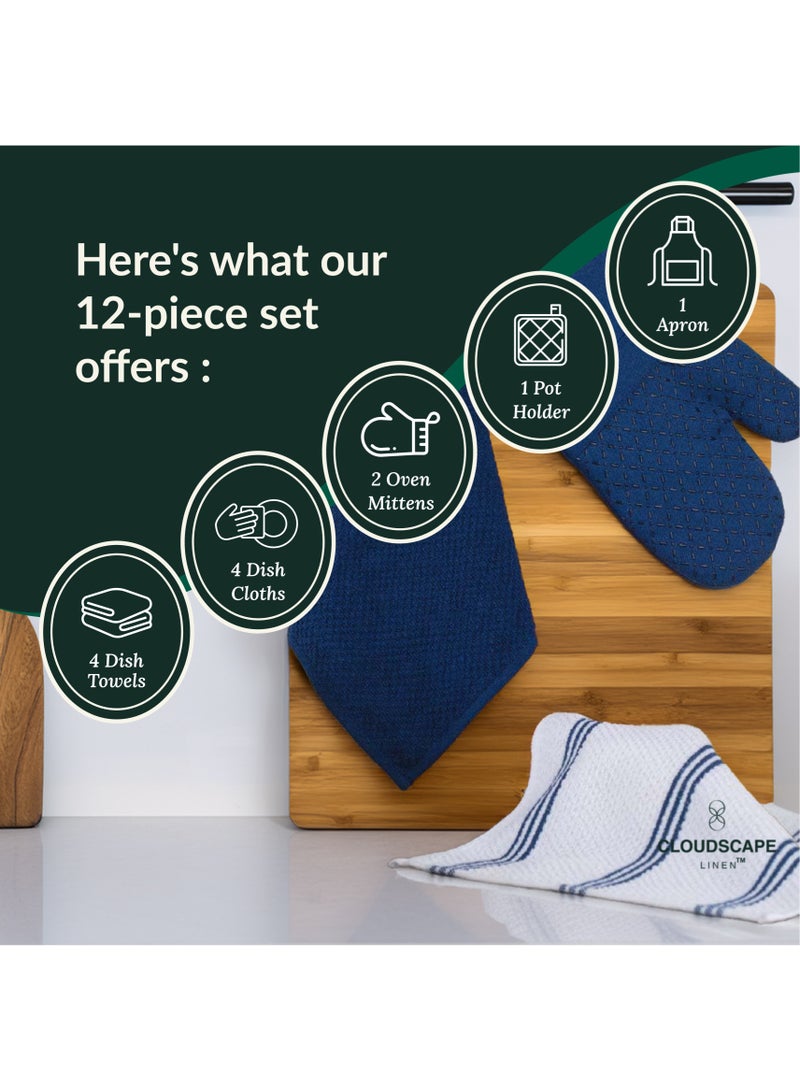 Cloud Scape Linen 12-Piece Kitchen Essentials Set – Includes Absorbent Dishcloths & Kitchen Towels, Non-Slip Silicone Grip, Indigo - Image 4