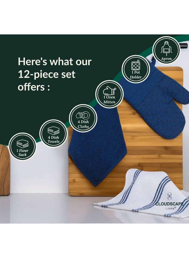 كلاود سكيب لينين 12-Piece Kitchen Essentials Set – Includes Absorbent Dishcloths & Kitchen Towels, Non-Slip Silicone Grip, Indigo - Image 4