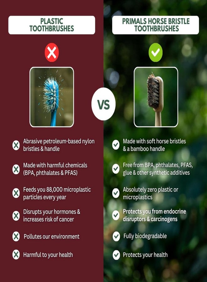 PRIMALS Horse Bristle & Bamboo Toothbrush (4-Pack) - Luxurious & Soft Horse Bristles - Fully Biodegradable - Plastic & Nylon Free - Quick Dry Design - Image 5