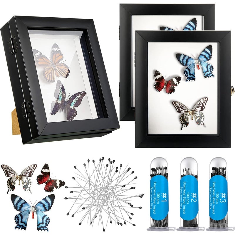 Macarrie 3 Pcs Insect Display Case Wall Mount Clear Bug Display Case Collection Box with Anti Fade UV Protection Top Eva Foam Pin 300 Pcs and 3 Sizes Pins Insect Shadow Box for Butterfly Specimen  - Image 1