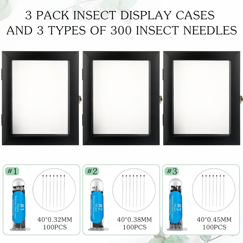 Macarrie 3 Pcs Insect Display Case Wall Mount Clear Bug Display Case Collection Box with Anti Fade UV Protection Top Eva Foam Pin 300 Pcs and 3 Sizes Pins Insect Shadow Box for Butterfly Specimen  - Image 5