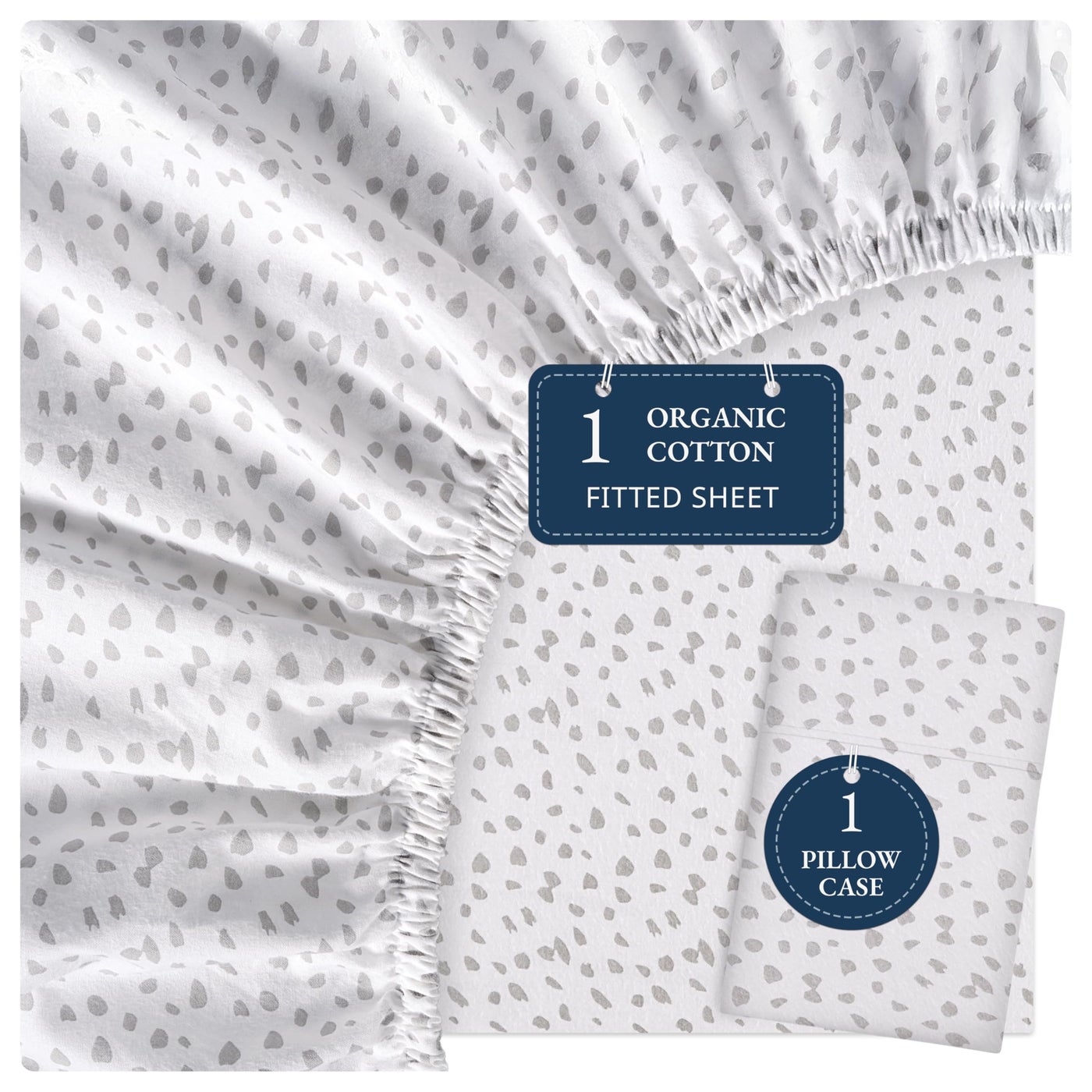 LANE LINEN Twin XL Fitted Sheet, 100% Organic Cotton 2-Piece Set (1 Fitted Sheet, 1 Pillowcase), Percale Weave, Soft, Breathable, Fits Mattress Upto 15" Deep - White (Grey Dot)(No Flat Sheet)