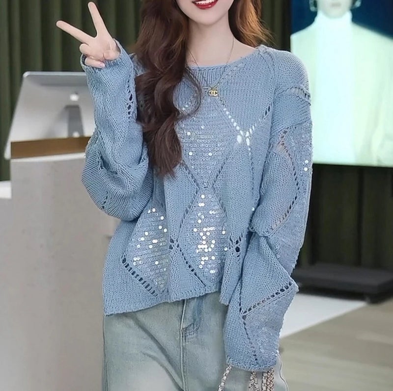 2024 Spring Pullover Sweater Women Casual Loose Round Neck Knit Sweater Fashion Temperament Simple Design - Image 1