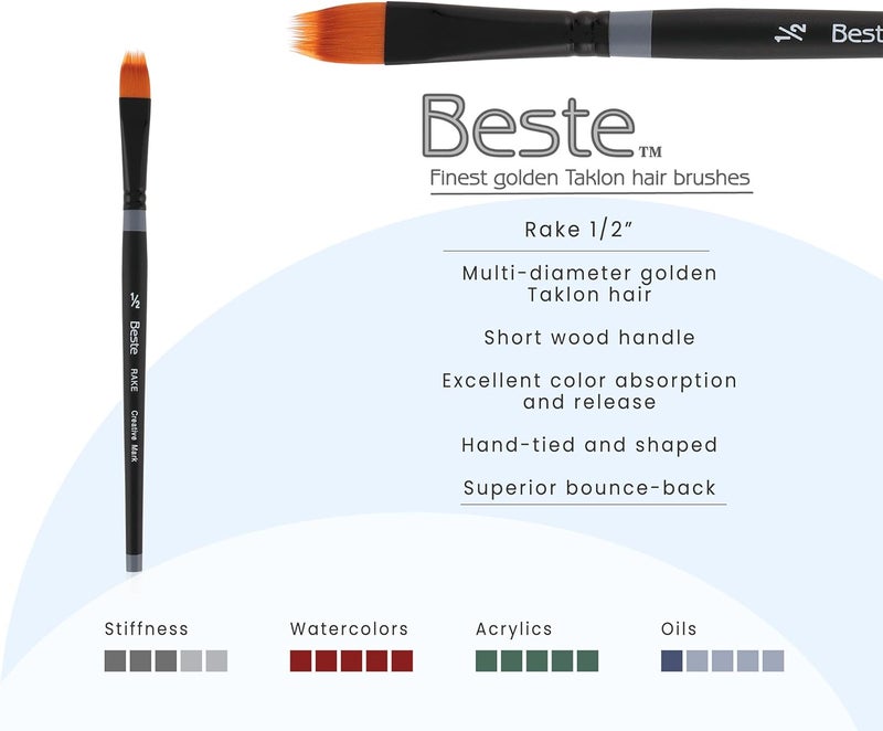 Creative Mark Beste Golden Taklon Rake 1/2" Artist Brush, Professional Watercolor Brushes, for Acrylic Painting, Short Handle, Sharp Edges, Hand-Tied & Shaped - Image 2