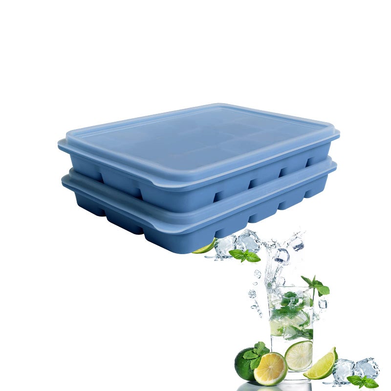 Ice Cube Trays Set of 2 Easy Release 15 Flexible Silicone Ice Cube Molds with Removable Lid Reusable Freezer Ice Trays Stackable for Whiskey Baby Food BPA Free BLUE