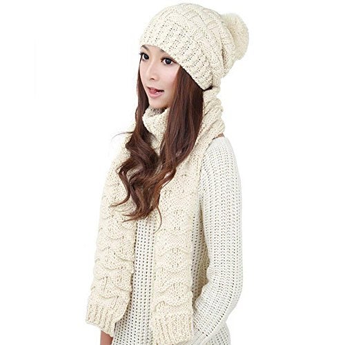 HANERDUN Women Girls Fashion Winter Warm Knitted Hat Beanie Hat Scarf Set White - Image 1