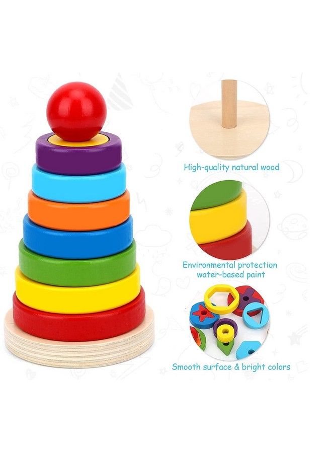 Smoneo Montessori Wooden Rainbow Rings Tower; Geometric Shape Recognition Sorting Stacking And Plugging; Stacker Building Educational Learning Toy Game For 3 4 5 Years Old Toddlers(20 Pieces) - Image 3